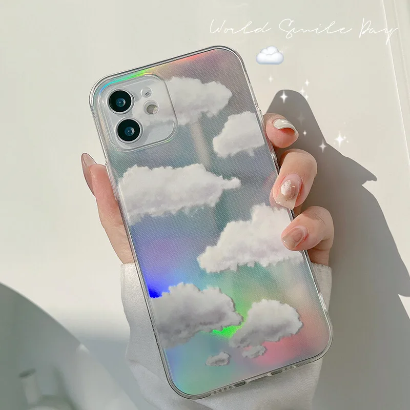 

Retro kawaii laser cloud Transparent Japanese Phone Case For iPhone 11 12 Pro Max Xs Max XR Xs 7 8 Plus X 7Plus case Cute Cover