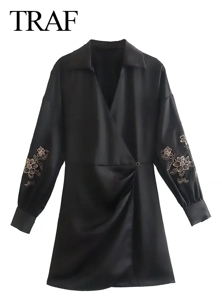 

TRAF Women's Fashion Floral Embroidery V Neck Mini Dress Casual Vintage Solid Color Satin Long Sleeve Slim Female Dress