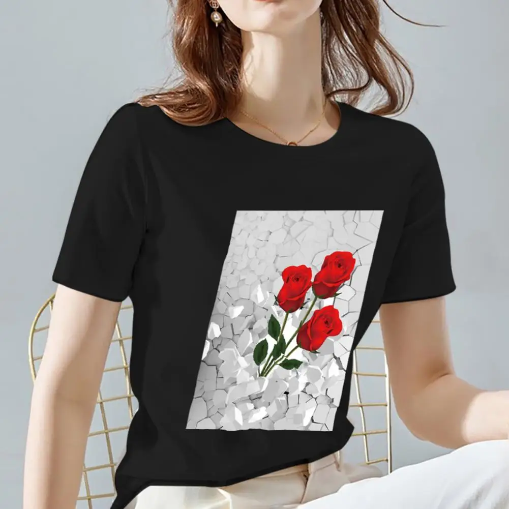 

Stylish Women Blouse 3D Print Attractive Slim-fitting Crew Neck Blouse Temperament Women T-shirt Streetwear