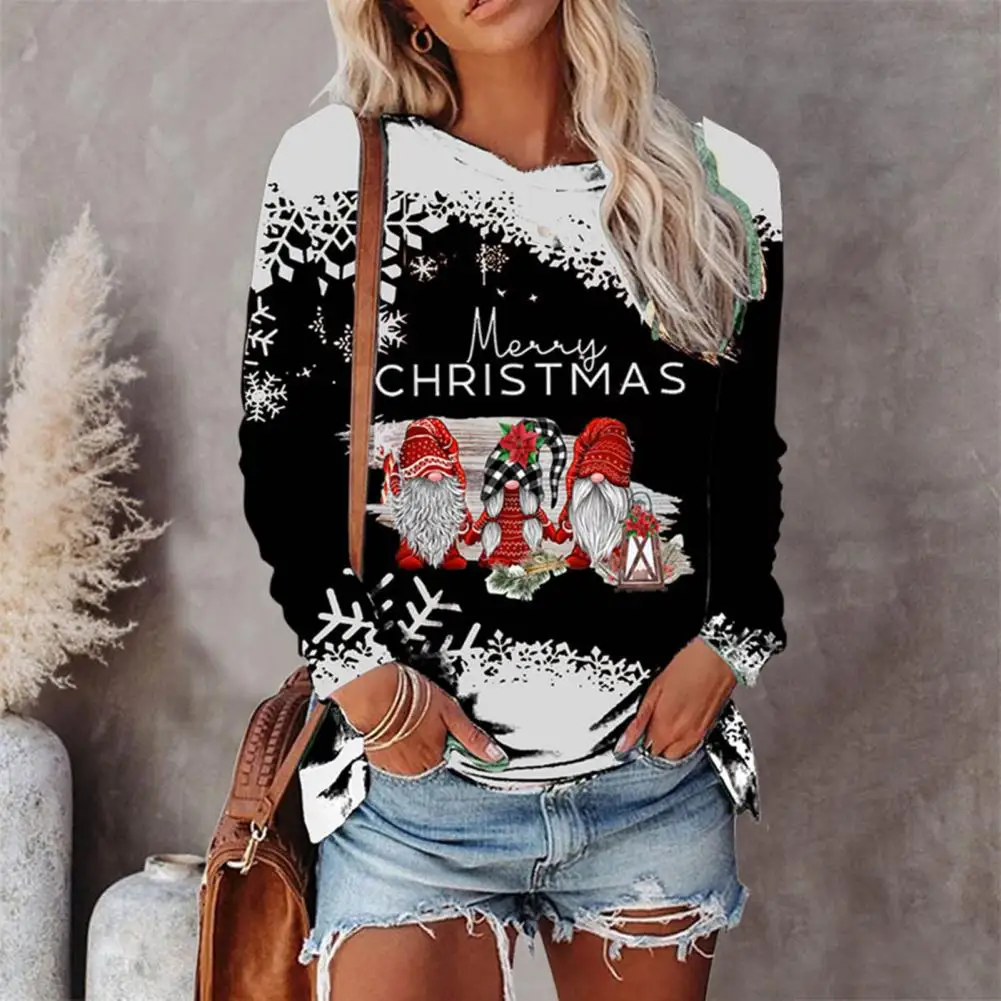 

Женская рождественская футболка, яркая Весенняя футболка с рождественским принтом, пуловер с длинным рукавом и круглым вырезом, Рождественский топ средней длины с принтом лося