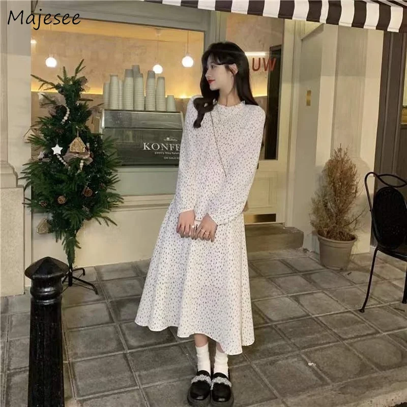 

Long Sleeve Dress Women Spring New Korean Style A-line Floral Stylish Medium-long All-match Vestidos Chic Trendy Casual Hot Sale