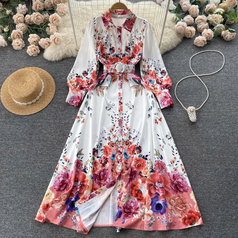 Vintage Floral Lantern Sleeve Long Dress For Women Spring Autumn Sweet Single Breasted Shirt Dress Lady Holiday Maxi Vestidos