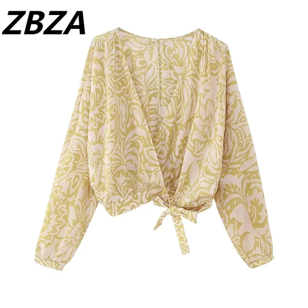 

ZBZA Women 2023 New Fashion Summer Bow Print Double Front of a Garment Blouses Vintage Long Sleeve Female Chic Tops