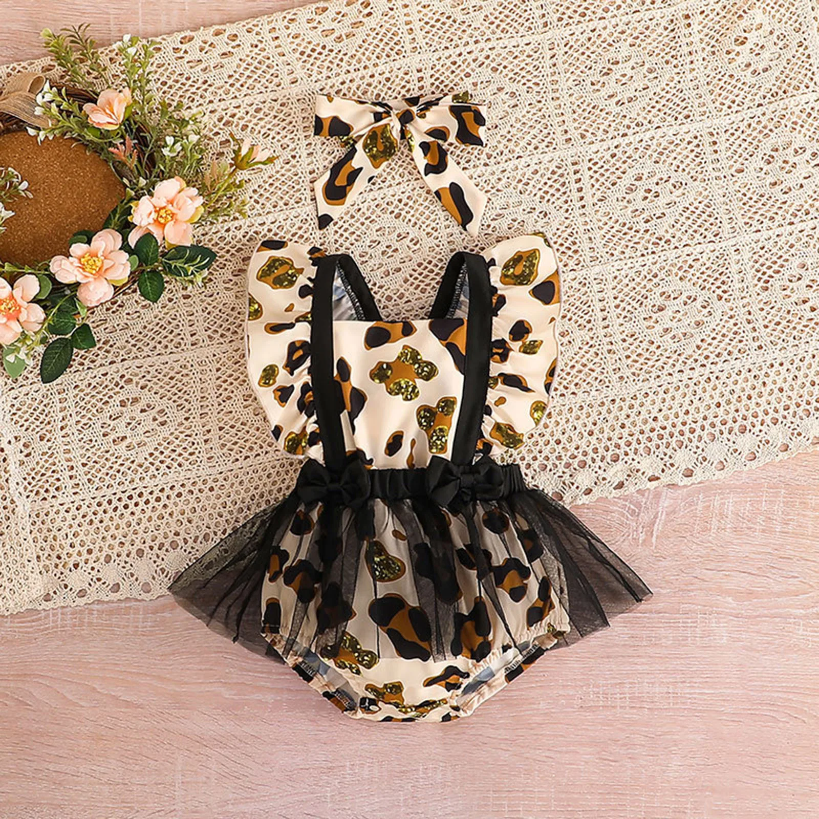

0-18M Baby Girl Clothes Newborn Ruffles Backless Bodysuit For Girl Infants Leopard Rompers Jumpsuit Baby Onesie Tulle Dress