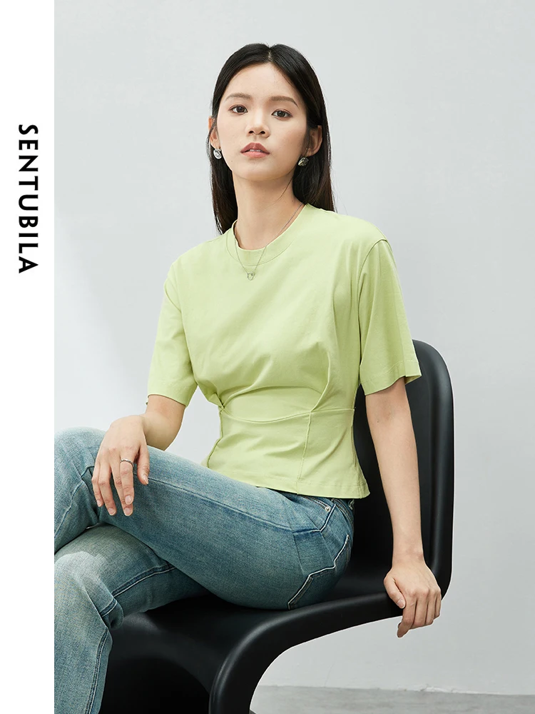 SENTUBILA однотонная хлопковая футболка с круглым вырезом повседневные тонкие