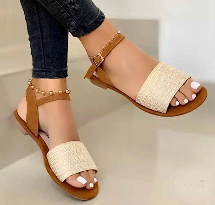 

Summer Women's Sandals Weaved Ankle Strap Ladies Flats Shoes Buckle Square Heels Female Footwear Casual Woman Shoes Plus Size 43