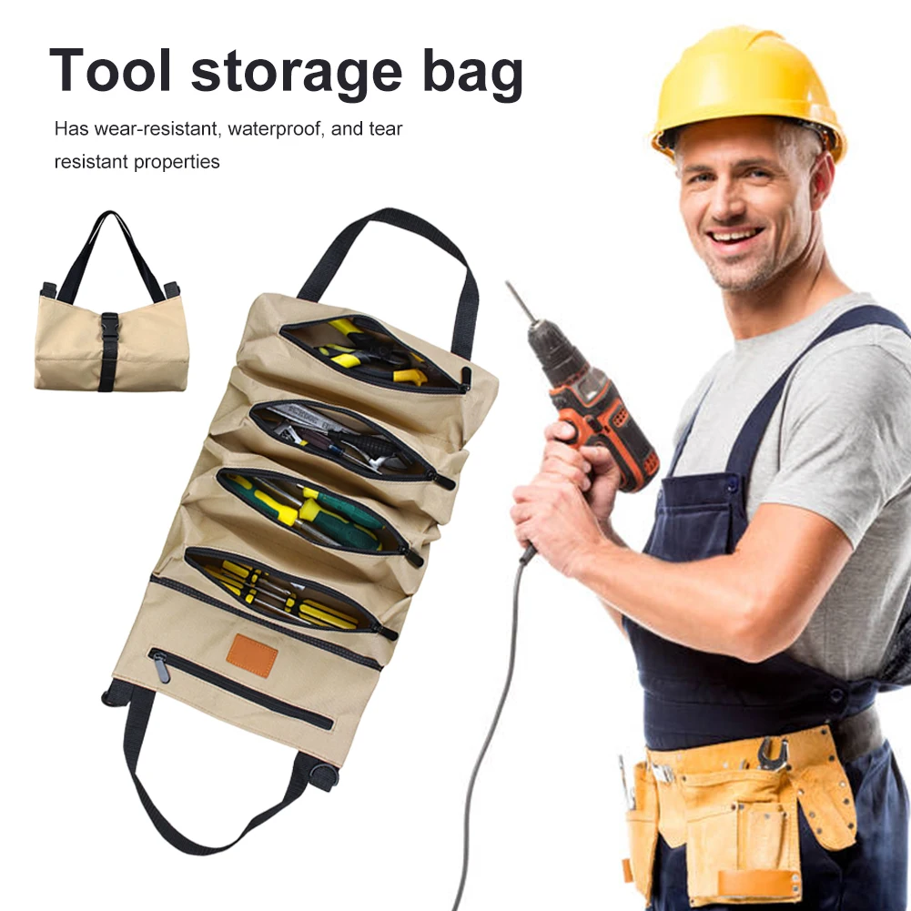 

Roll Tool Organizer Waterproof Roll Up Tool Bag Wear Resistant with 5 Zipper Pockets for Electrician Plumber Carpenter