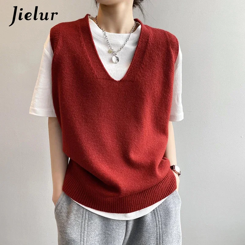 

Jielur Knitted Sweater Vest Women 2022 Spring New College Style V-Neck Loose Slouchy Sleeveless Cantilevered Female Pullovers