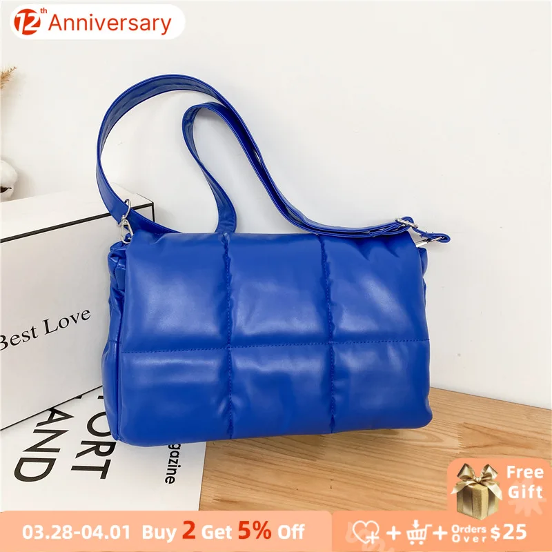 

Luxury Soft PU Leather Women's Shoulder Messenger Bags Winter Quilted Down Ladies Purse Handbags Female Large Tote Underarm Bag