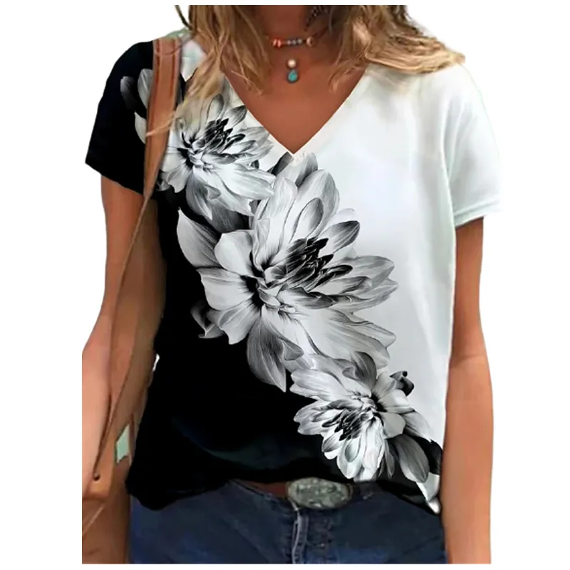 Vintage 3D Flower Print Women T Shirt Short Sleeve Loose V-Neck Street Casual Oversized Tops Summer 2023 New Large Size 4XL 5XL