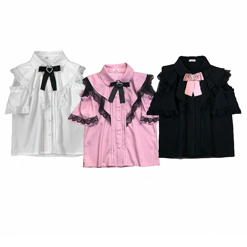 

Sweet Shirts for Kawaii Girls Lace Trim Hollow Out Bow Decoration Lolita Style Shirt Harajuku Women Tops