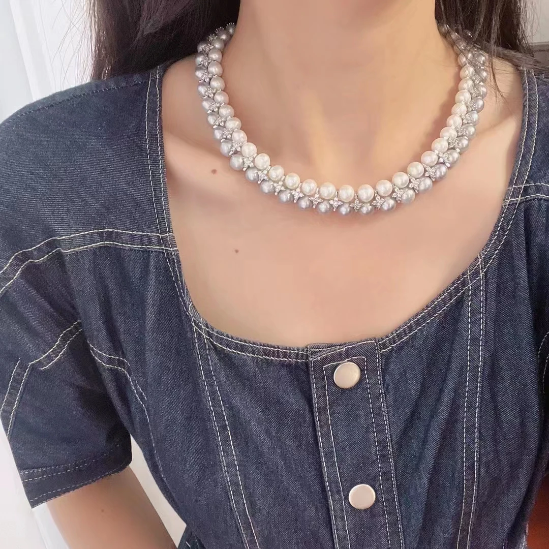 16“ Natural 8-9mm White/Gray Pearl  Necklace Fashion short clavicle Necklace