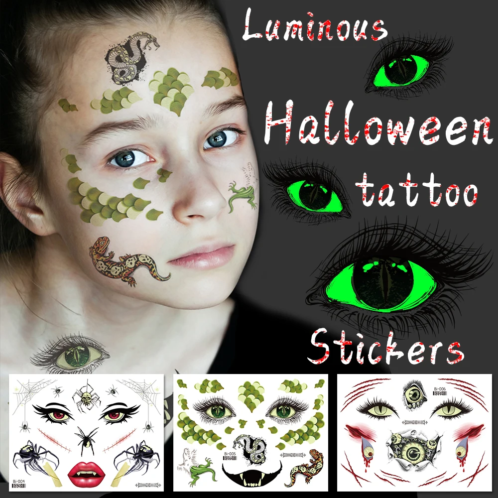 

Светящиеся тату-наклейки на лицо на Хэллоуин, временные водонепроницаемые боди-арт, большие искусственные татуировки, товары для женского фестиваля и макияжа