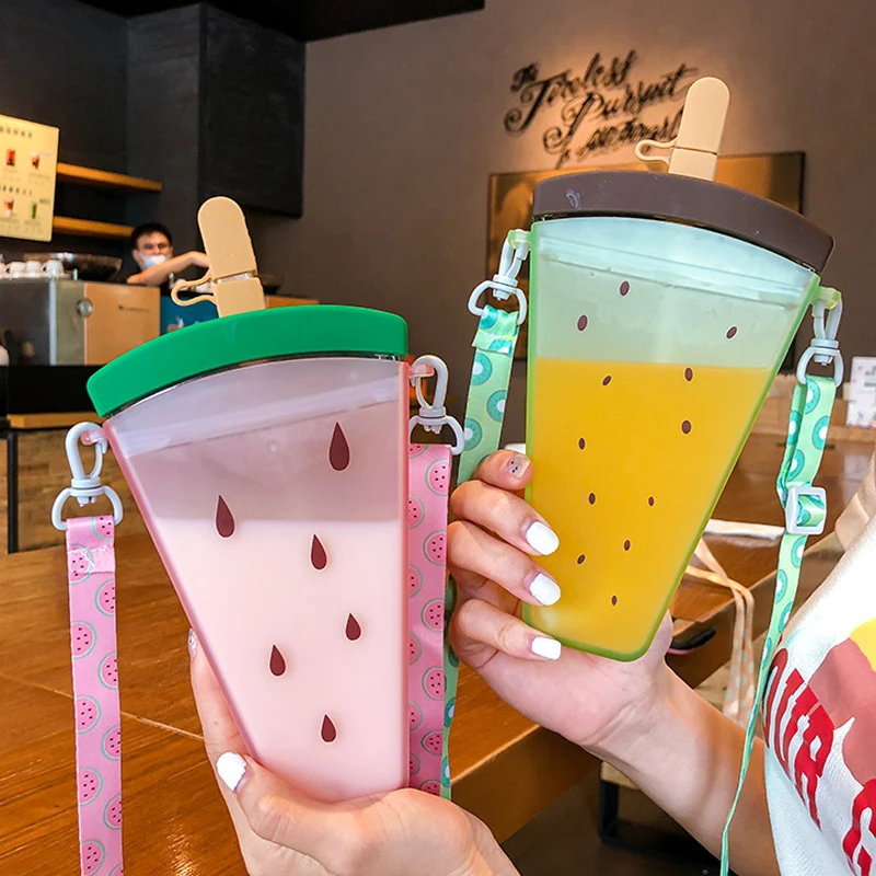 

Kids Plastic Water Bottles Creative Cute Watermelon Ice Cream Water Cups With Straw Bottle Anti-Fall Portable Popsicle Water Cup