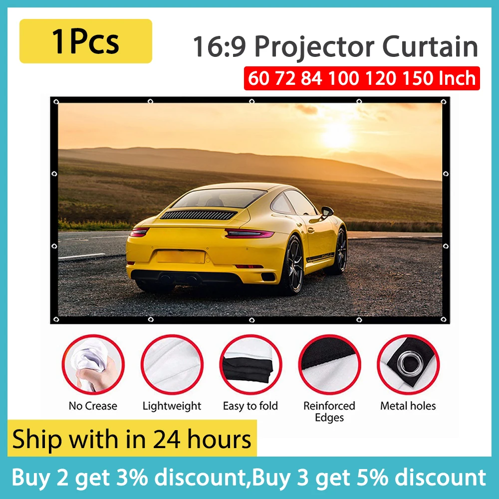 

1шт 16: 9 простой проектор занавес 60 72 84 100 120 150-дюймовый портативный HD-дисплей для домашнего наружного офиса с крючком 6/8/12