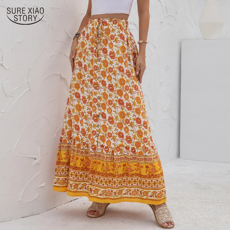 

Summer High Waist Floral Printed Skirt Fashion Beach Vacation Skirt Casual Bohemian Loose A-line Skirt Faldas Largas Mujer 19531