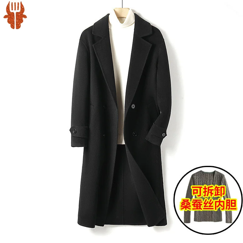 

2022 Luxury 100% Superfine Merino Austrulia Wool X-long Black Camel Double Sides Men Coat Jacket