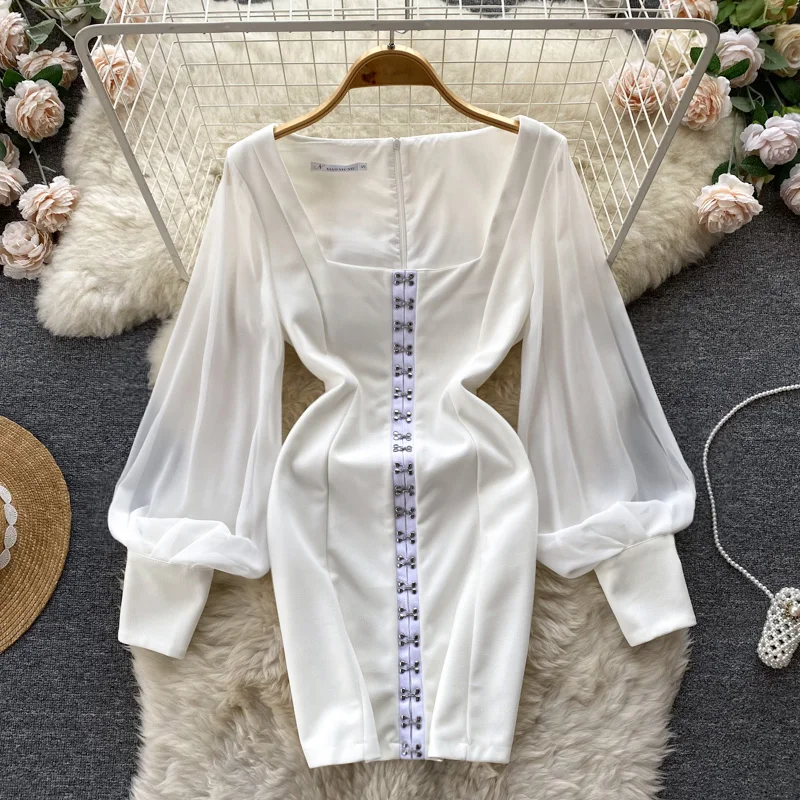 

Осеннее Новое однобортное Сетчатое платье с длинным рукавом и квадратным вырезом