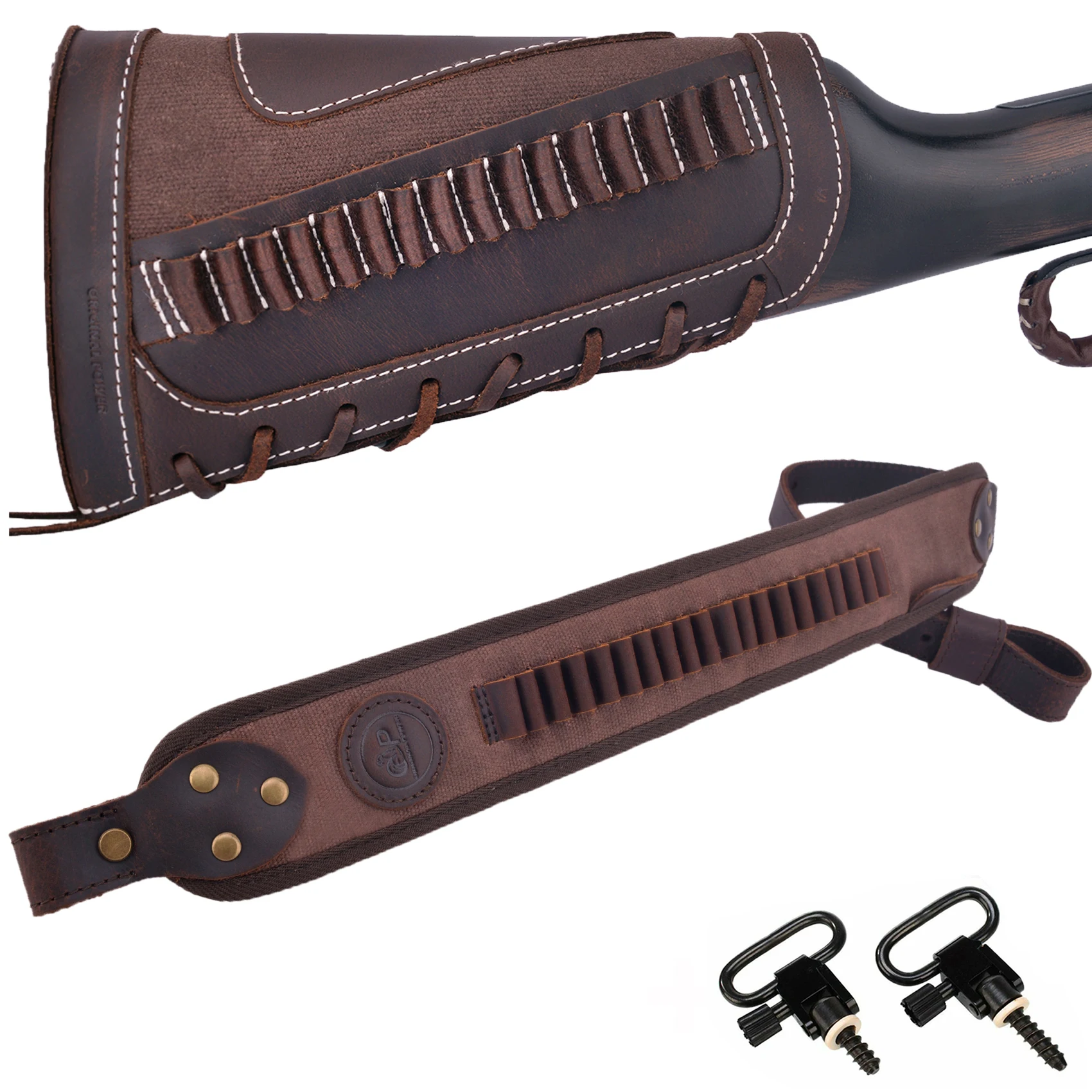 OP 1 Set Leather Rifle Buttstock Sleeve Holder With Canvas Gun Sling / Swivels For .22 LR.17HMR .22MAG
