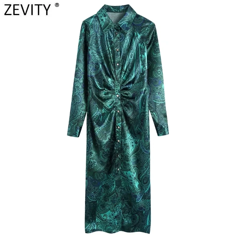 

ZEVITY New Women Vintage Paisley Totem Floral Print Breasted Satin Shirt Midi Dress Lady Chic Pleats Design Slim Vestidos DS9234