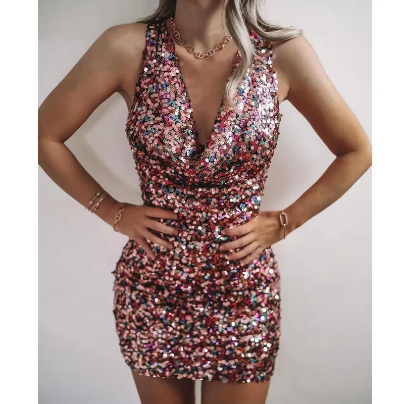 

Swinging V Neck Sleevless Multicolor Sequined Party Bodycon Dress Sexy Women Club Mini Glitter Summer Elegant Dress