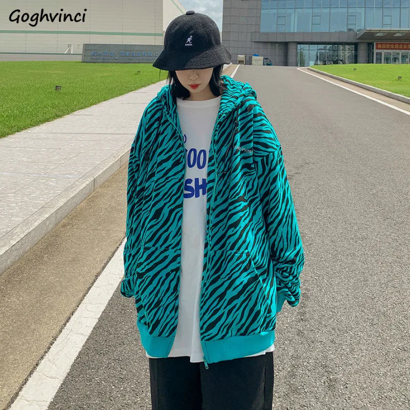 

Basic Jackets Women Cotton Zebra-pattern Zipper Hooded Jacket All-match Streetwear Hip-pop Coats Fashion Casual Outwears Female