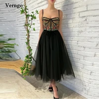 verngo 2022 vintage nude and black tulle prom dresses spaghetti straps sweetheart 3d crystal flowers tea length party dress