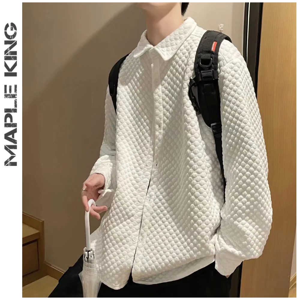 

Autumn Long Sleeve Men Plaid Shirt Coat Trend Turn-down Collar Vintage Korean Shirts Blouse High Street Harajuku Ropa Hombre