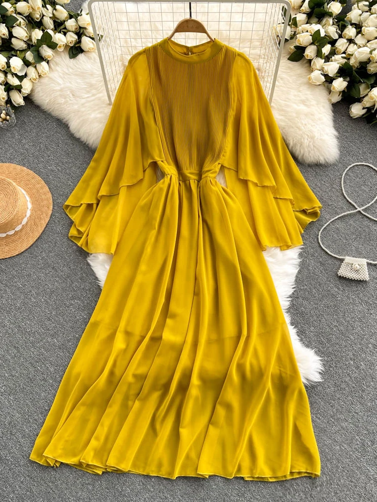 

Women Beach Dress Spring Summer Flying Sleeve Pleated Chiffon Dresses Boho High Waisted A Line Party Dress Long Robe