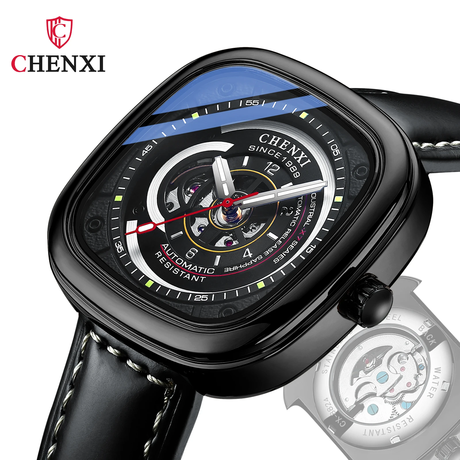 

CHENXI Fashion Square Dial Men Automatic Mechanical Watch Top Brand Tourbillon Waterproof Wristwatch Leather Male Business Clock