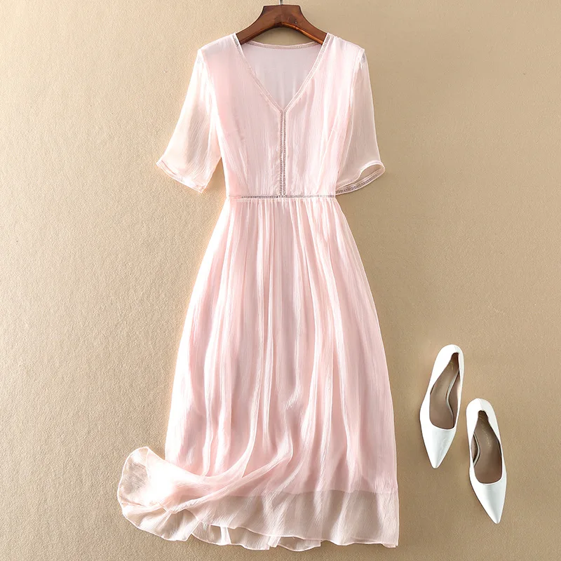 

Heavy Silk Dress for Women Summer 2022 New Three-Quarter Sleeve Slimming Long A- Line High-End Dress