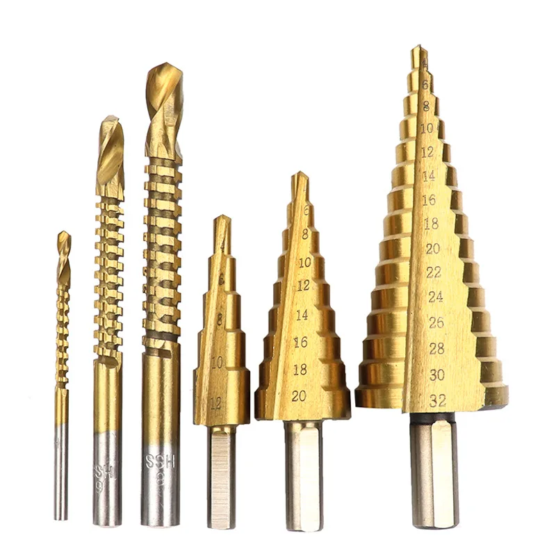 4-12/20/32mm HSS Titanium Plated Step Drill Bits 6 Pieces Woodworking Slotting Saw Drill Set Metal Coring Bits Electric Hole Saw