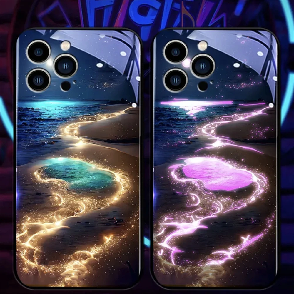 Фото Светящийся чехол Lucky Beach Moon Sea Smart LED из закаленного стекла для iPhone Air 17 16 15 14 13 12 11 Pro Max Plus №1
