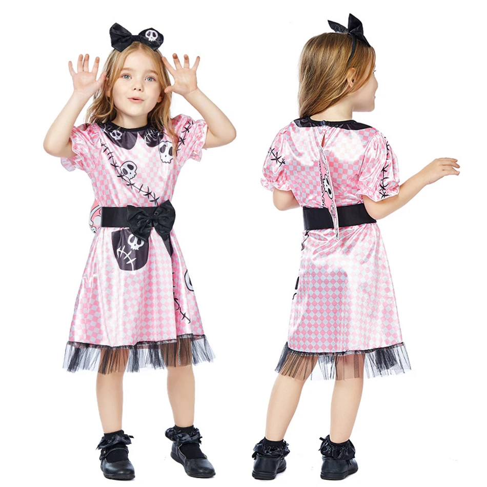 2022 Pink Halloween Skull Dresses for Girls Print Kids Grid Mesh Gala Dress Children Costume Horror Toy Pattern Clothing Vestido