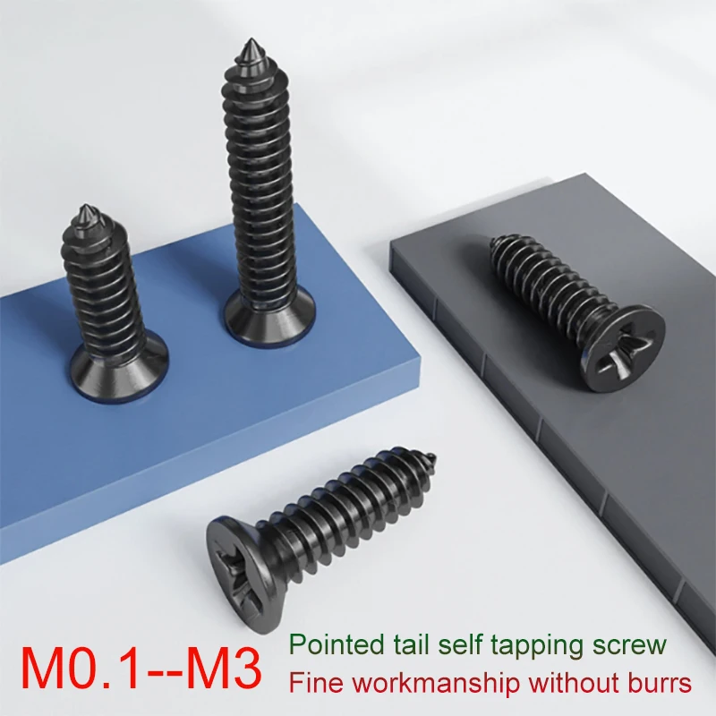 

100 Pc M1.0 M1.2 M1.7 M2 M2.3 M3 Mini Small Bolts Black Zinc Plated Cross Phillips Flat Countersunk Head Self Tapping Wood Screw