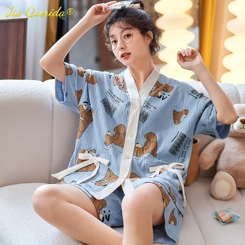 

Apbrae Young Girls Two Piece Set Summer Fashion Kawaii Pajamas Soft Cotton Cute Bear Printing Sleepwear Kimono Women Homewear