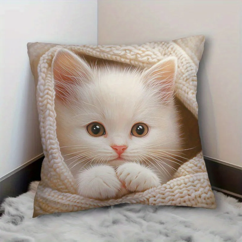 

Милая Наволочка С Принтом Белого Кота, 45x45 См, Уютный Декор Для Дома В Стиле Животных, Полиэстер, Для Рукоделия