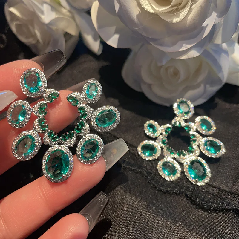 

S925 silver needle round stud earrings large flower ruby micro-set jewelry