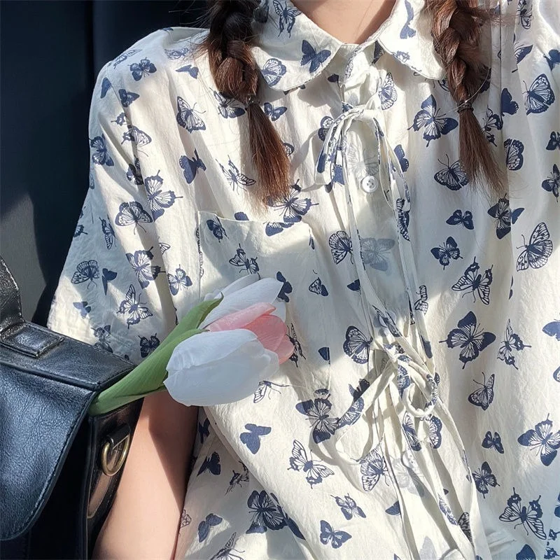 

Beige Chiffon Full Butterfly Floral Sweet Girl Button Up Shirt POLO T Shirts Summer Large 2XL Preppy Students Korean Casual Tops