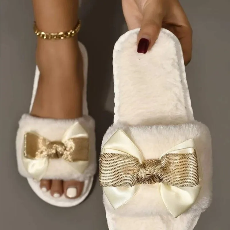 

fashion ladies plush home slippers with artificial fur warm shoes ladies flat slippers cute bow tie women slippers fur slides