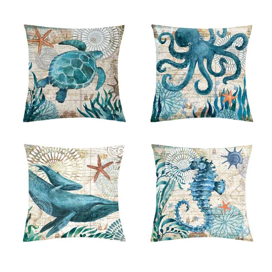 

New Arrival Cute Turtle Cushion Cover Blue Fish Marine Life Pillow Case Home Decoration Modern Pillows Covers Sofa Boho Decor