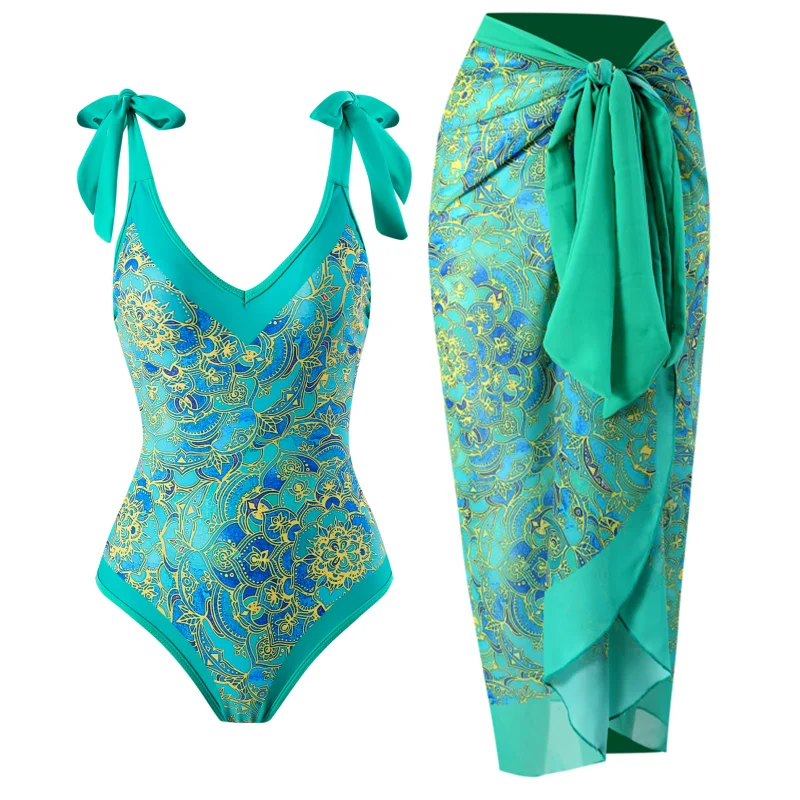 Floral Print Vintage Swimsuit with Skirt 2023 New Women V-Neck Swimwear Brazilian Holiday Designer Bathing Suit Beach Cover Up