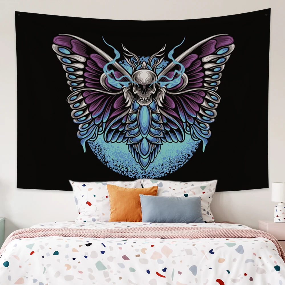 

Black Skull Moth Monster Simple Background Boho Decor Personalised Living Room Decoration Wall Hanging Tapestry Yoga Mat Rug
