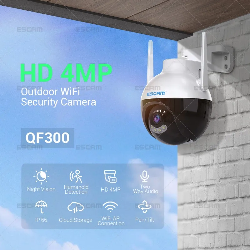 

ESCAM QF300 4MP Pan/Tilt AI Humanoid Detection Auto Tracking Cloud Storage Waterproof WiFi IP Camera with Two Way Audio Night