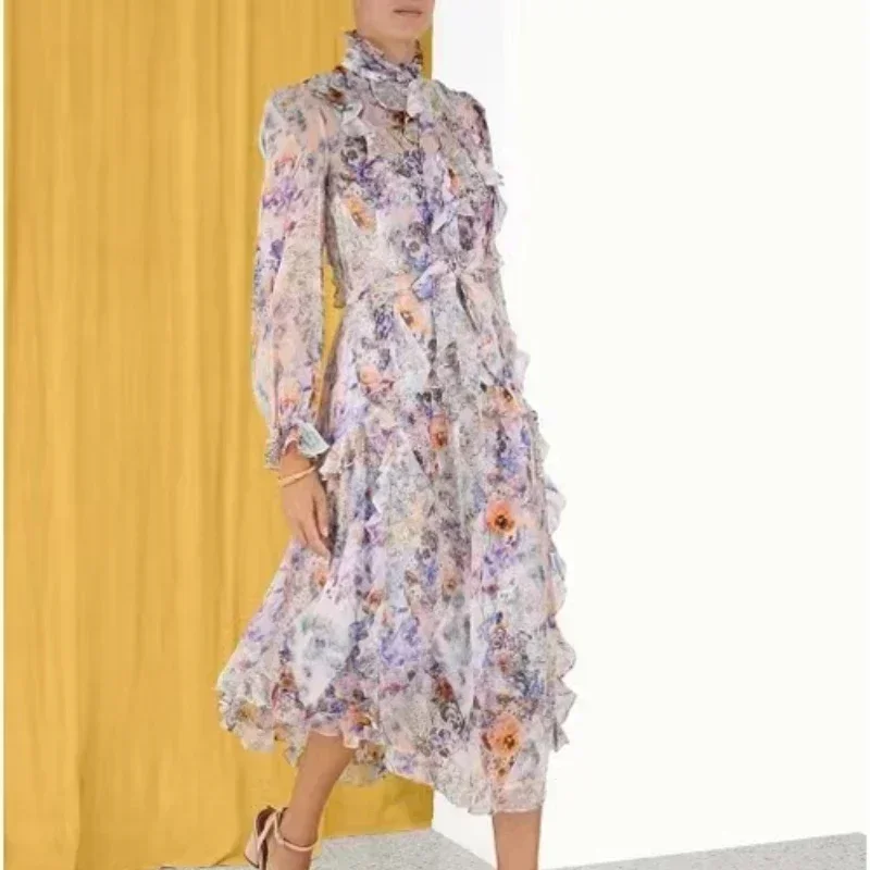 

2023 Vintage Latest Floral Flounce Folds Self Tie Neckline Flare Sleeve Mid-calf Dress for Fashion Ladies