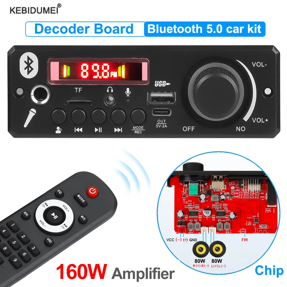 Bluetooth 5.0 MP3 Decoder Board 2*80W 160W Amplifier Audio Player 12V DIY MP3 Player Car FM Radio Module TF USB Mic Record Call