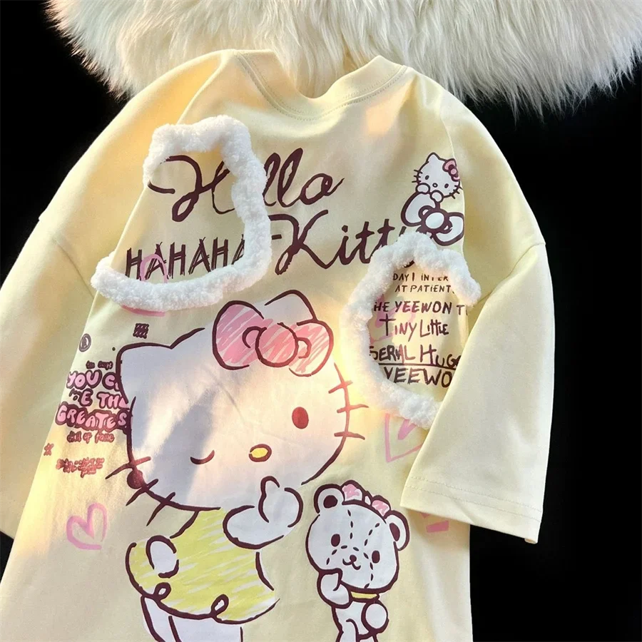 Футболка SanrioHelloKitty хлопковая с коротким рукавом новинка 2024 милая летняя парная