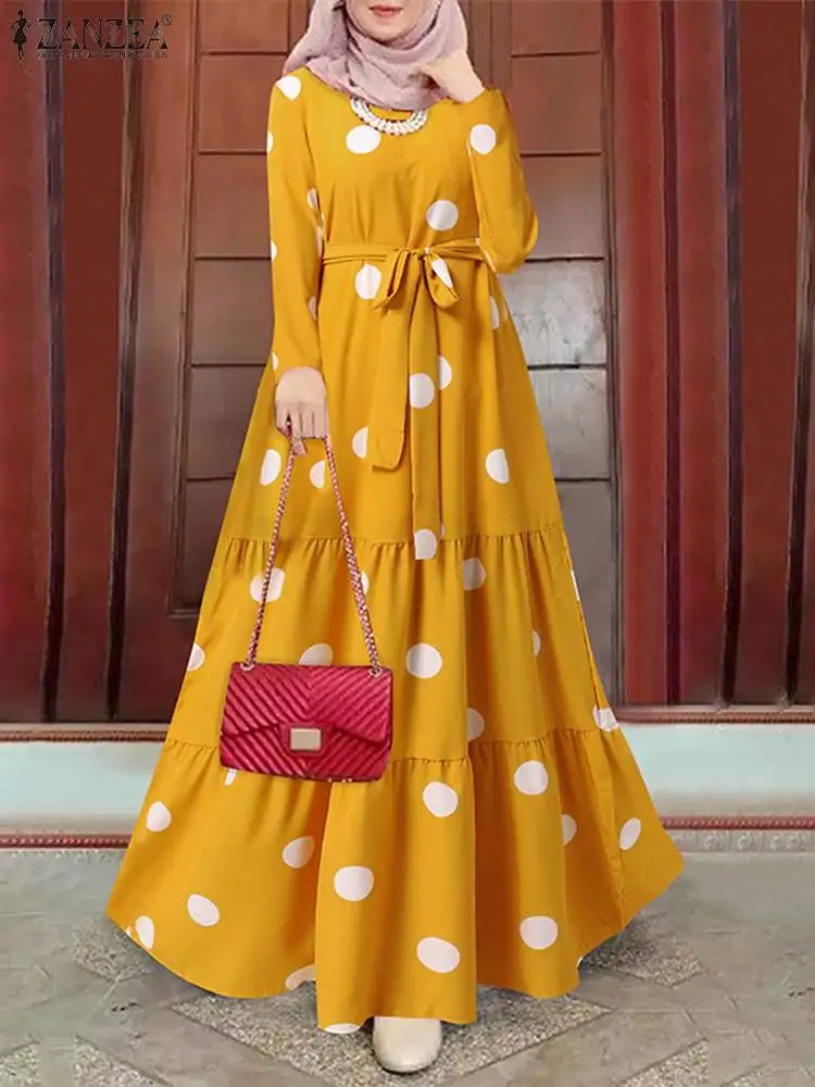 

ZANZEA Women's Dress Vintage Polka Dot Printed Abaya Femme Robe Maxi Dress Mulsim Dubai Turkey Hijab Sundress Islamic Clothing