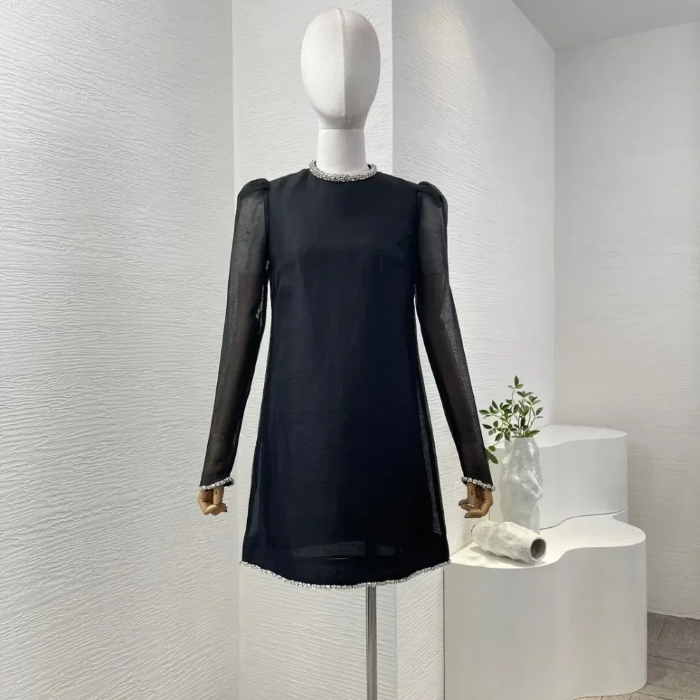 2024 Новое женское черное мини-платье с длинными рукавами и бриллиантами See Thourgh
