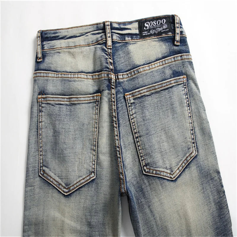 New Pleated Mens Clothing Trendy Streetwear Straight Leg Denim Pant Stretch Trousers Motorcycle Retro Vintage Biker Jeans Male